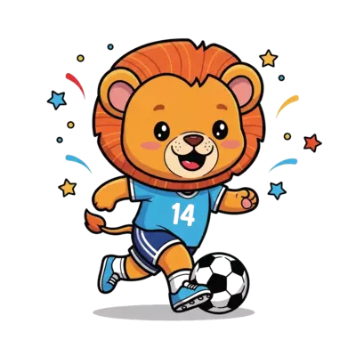 Design: A super cute cartoon baby lion cub playing football, dribbling a striped ball...