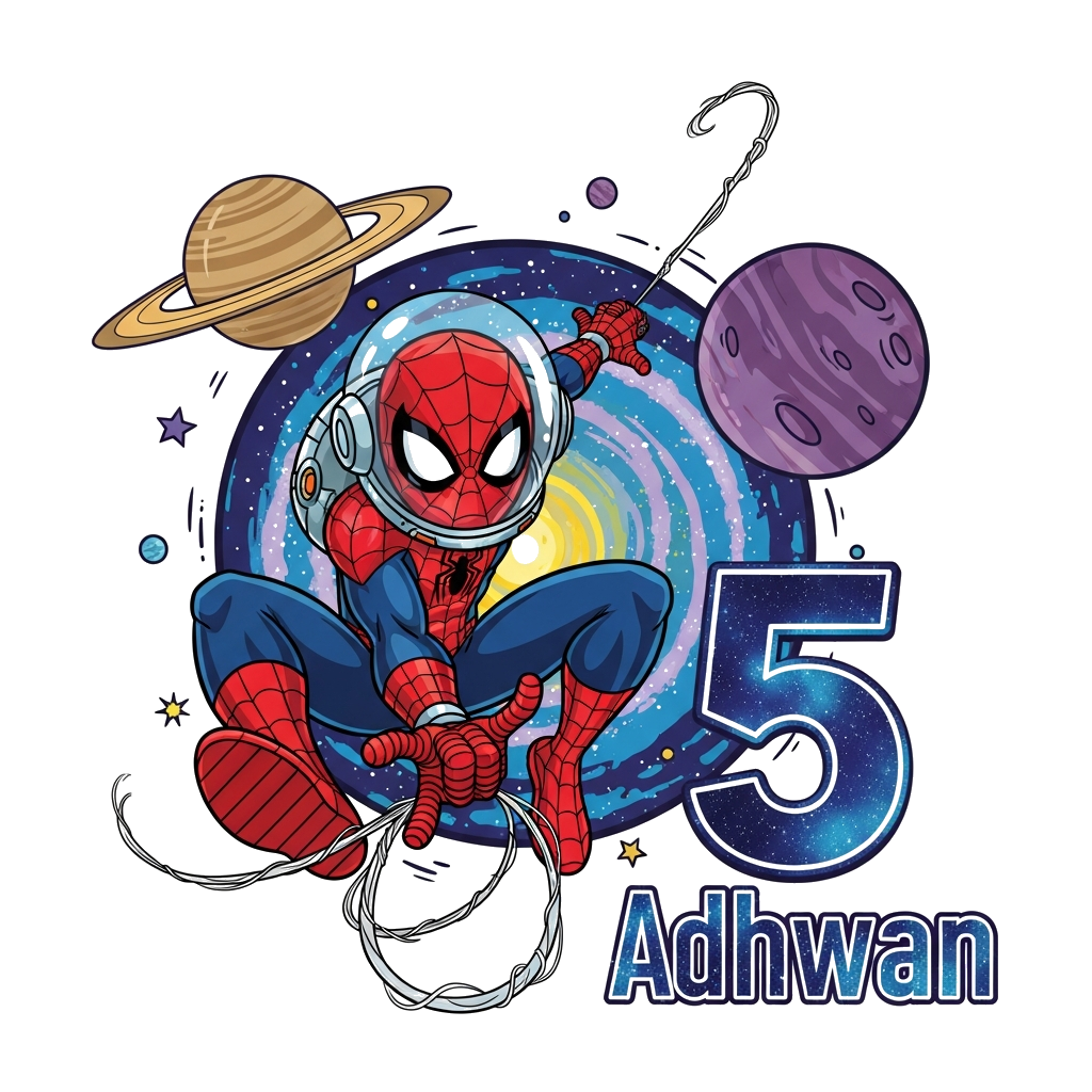 Custom design: A dynamic cartoon Spiderman in a futuristic space suit, swinging with a web through a vibrant galaxy, with planets an...