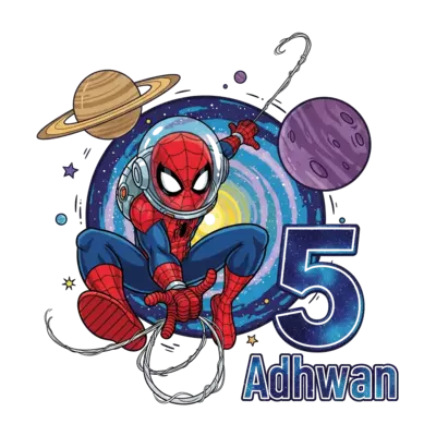 Design: A dynamic cartoon Spiderman in a futuristic space suit, swinging with a web t...