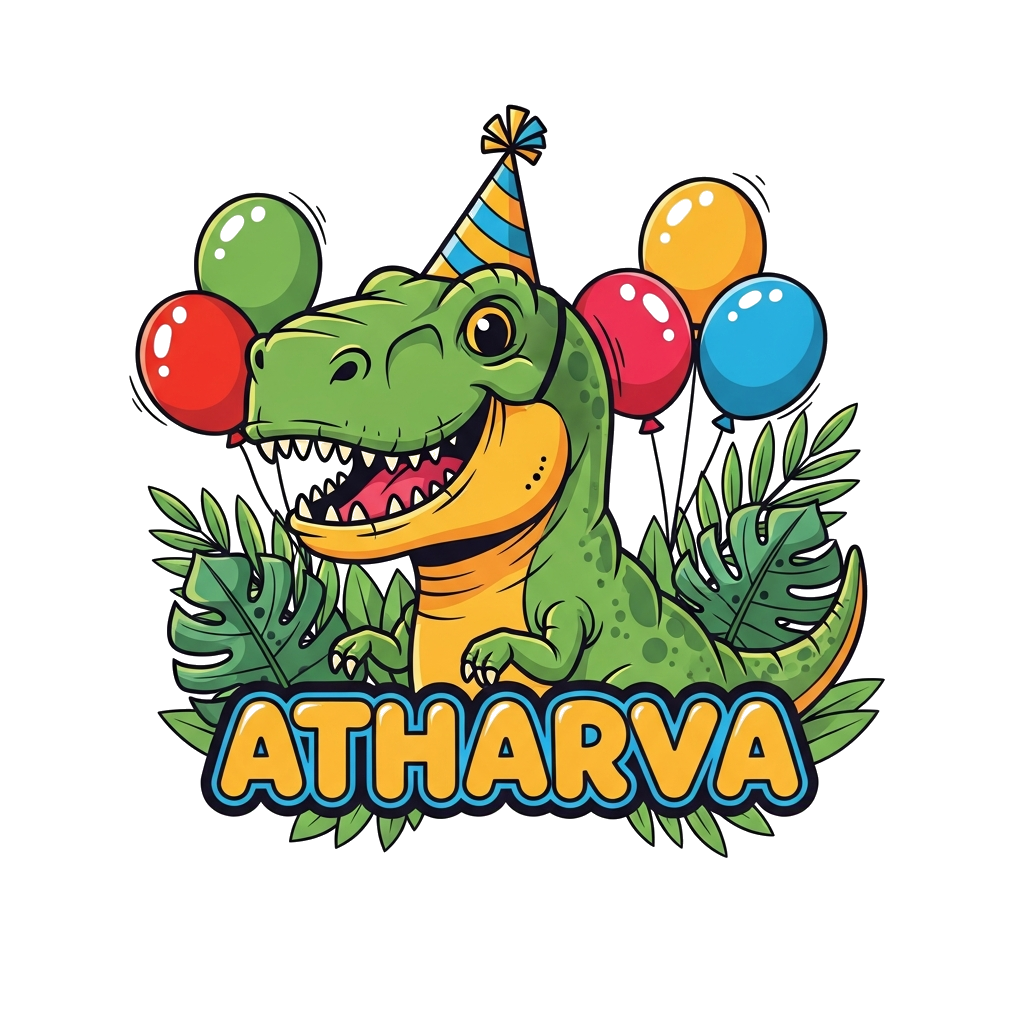 Custom design: A vibrant cartoon illustration of a friendly T-Rex wearing a party hat, surrounded by jungle leaves and colorful ball...