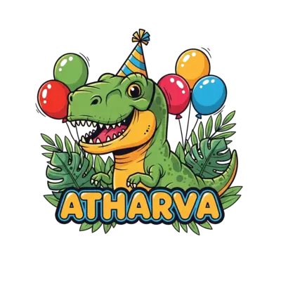 Design: A vibrant cartoon illustration of a friendly T-Rex wearing a party hat, surro...