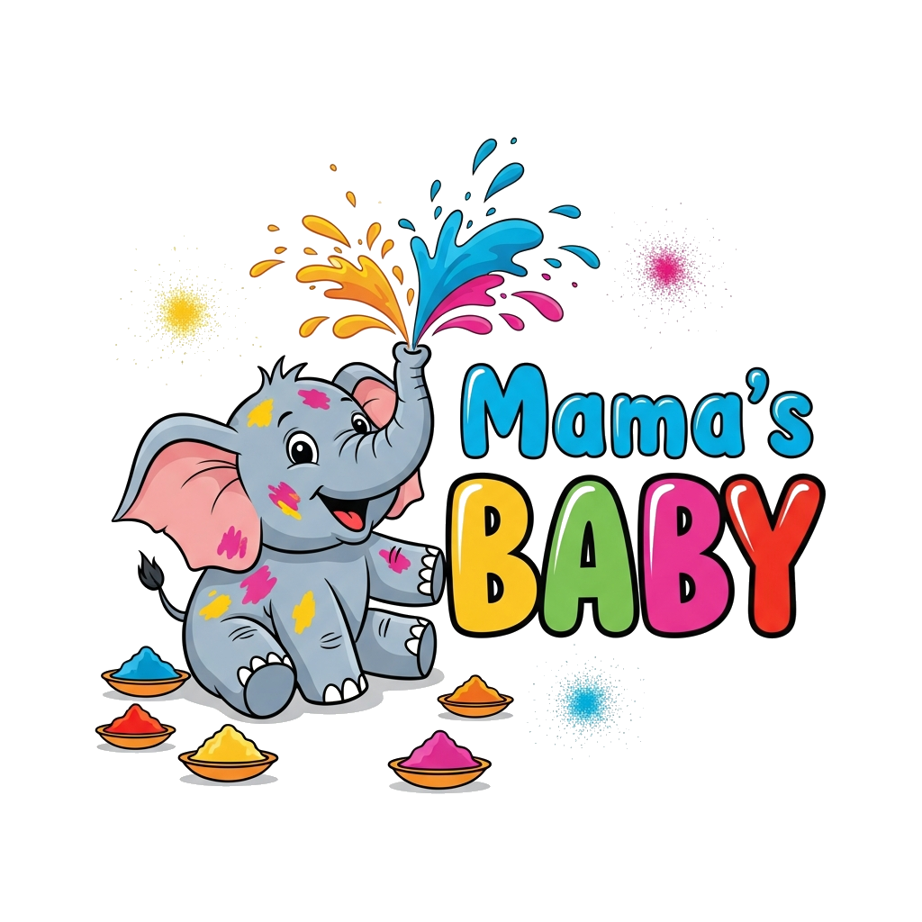 Custom design: A cheerful baby elephant illustration, joyfully splashing vibrant Holi colors from its trunk, with the text 'Mama's B...
