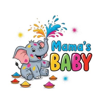 Design: A cheerful baby elephant illustration, joyfully splashing vibrant Holi colors...