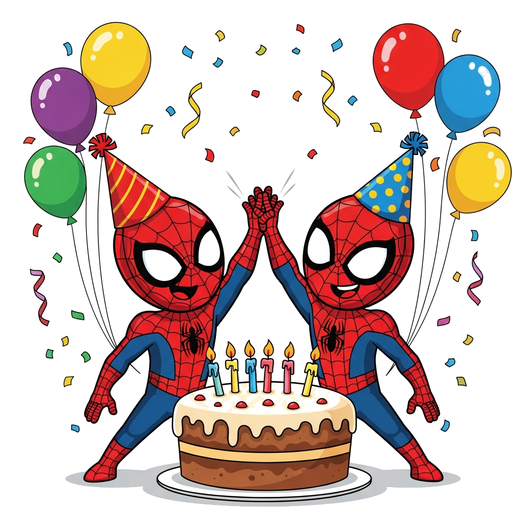 Custom design: Two cheerful cartoon Spider-Men, one with a red birthday party hat and the other with a blue one, high-fiving in fron...