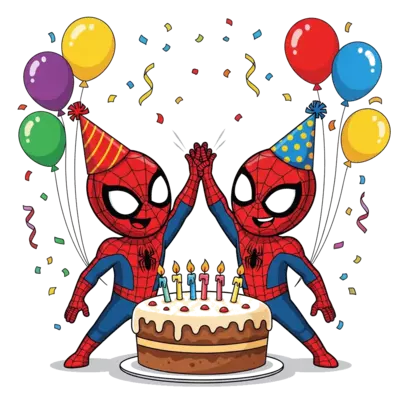 Design: Two cheerful cartoon Spider-Men, one with a red birthday party hat and the ot...