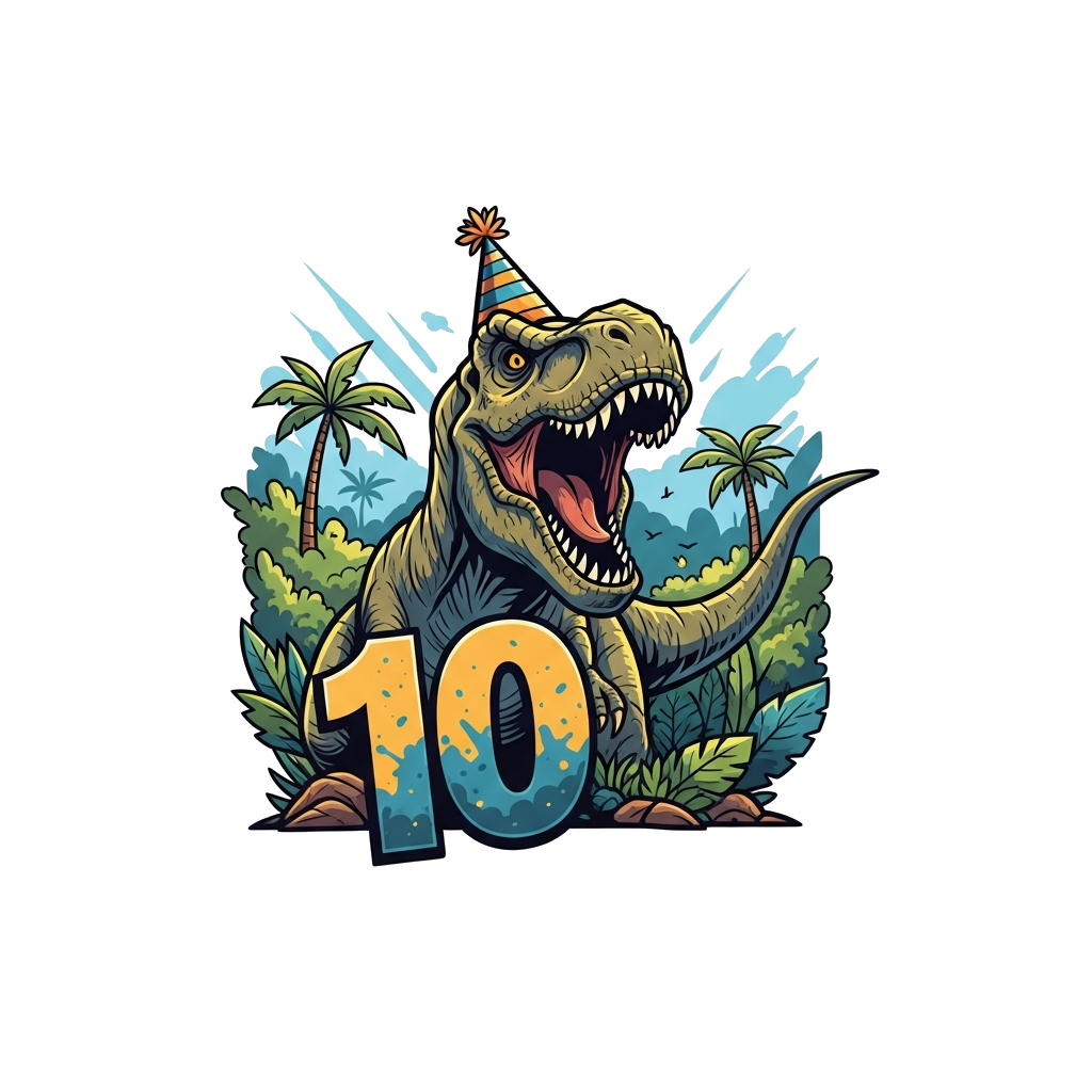 Custom design: A mighty T-Rex, roaring with excitement, wearing a cool party hat, with the number 10 boldly displayed beside it. Lus...