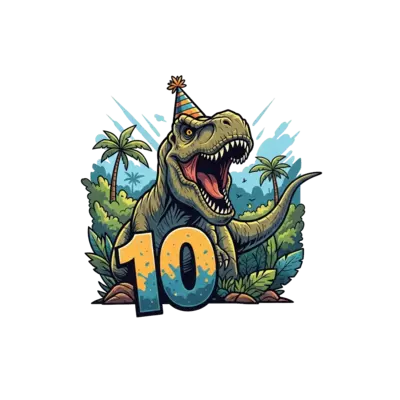 Design: A mighty T-Rex, roaring with excitement, wearing a cool party hat, with the n...