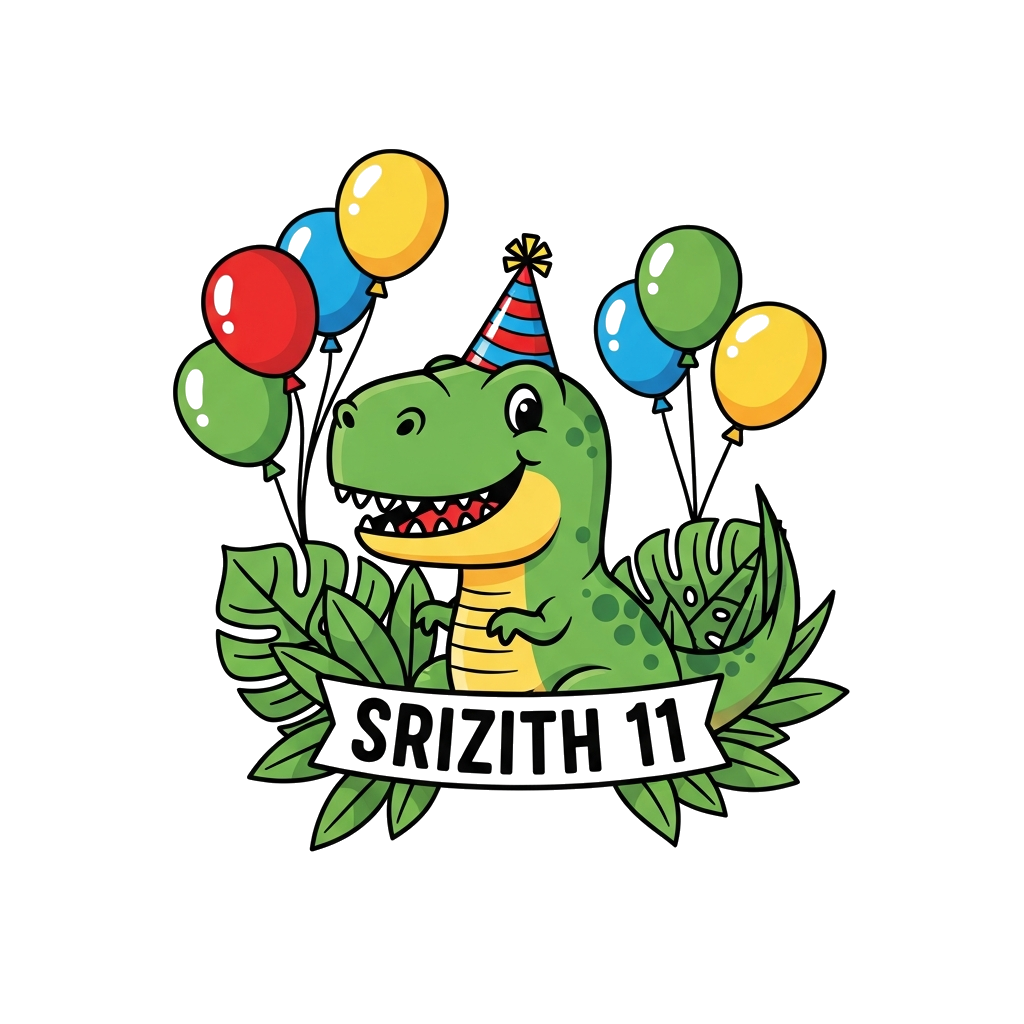 Custom design: A cheerful, cute cartoon T-Rex wearing a party hat, surrounded by jungle leaves and colorful balloons, with 'Srizith ...