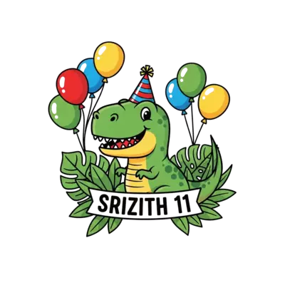 Design: A cheerful, cute cartoon T-Rex wearing a party hat, surrounded by jungle leav...