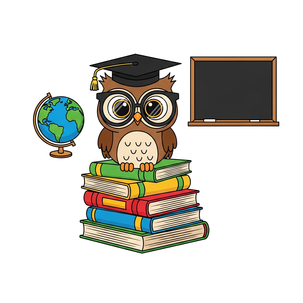 Custom design: A cute cartoon owl wearing spectacles, perched on a stack of colorful books, with a globe and a blackboard in the bac...