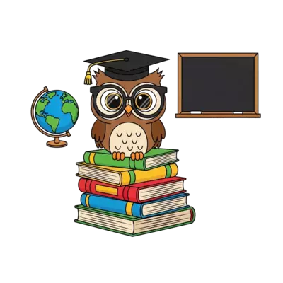 Design: A cute cartoon owl wearing spectacles, perched on a stack of colorful books, ...
