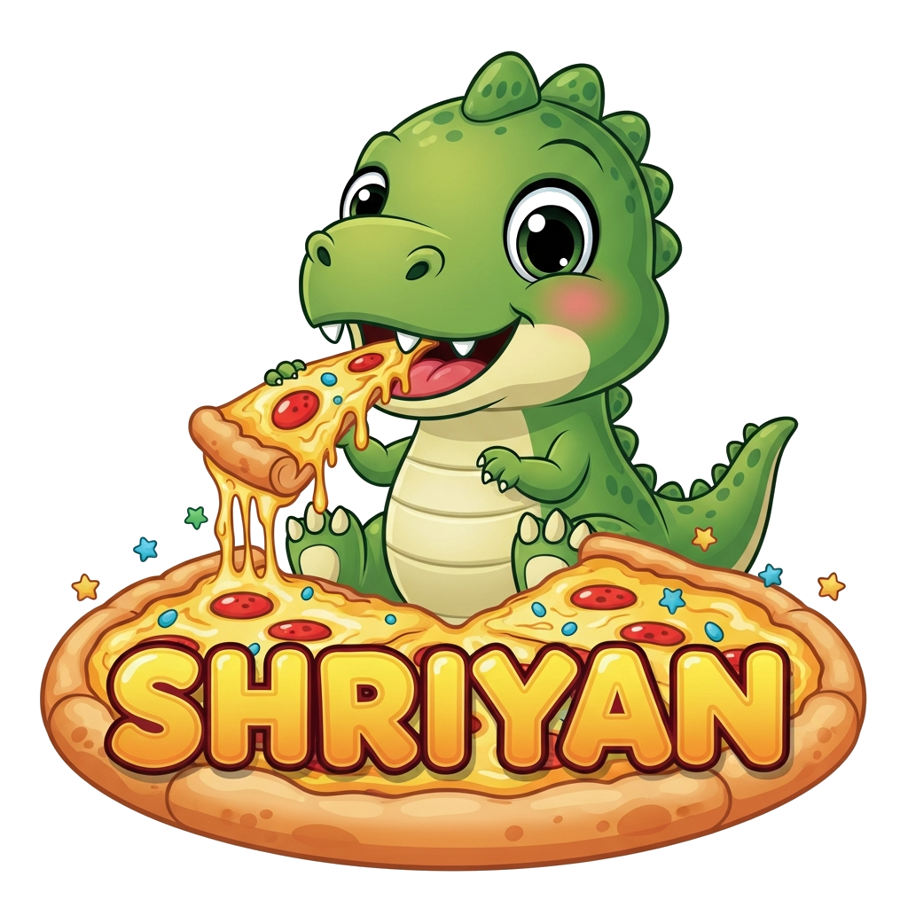 Custom design: A cheerful, vibrant green baby dinosaur with big, friendly eyes, happily devouring a slice of a huge, cheesy pizza. T...