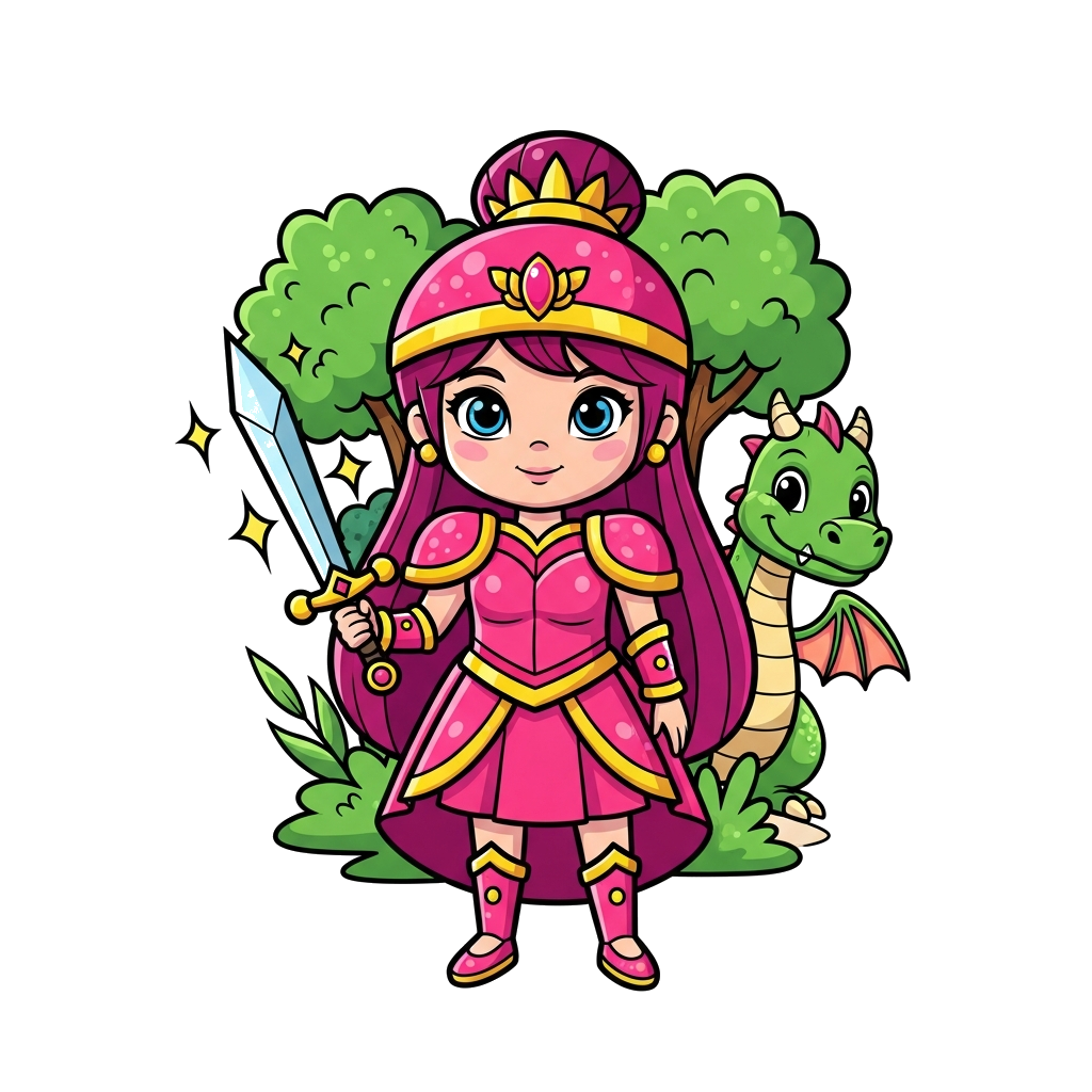 Custom design: A cute cartoon princess in a vibrant pink and gold warrior outfit, holding a small sparkling sword, with a friendly d...