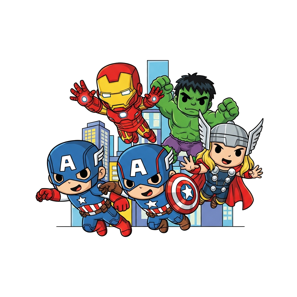 Custom design: A group of adorable, chibi-style Avengers (Iron Man, Captain America, Hulk, Thor) flying and posing together in a bri...