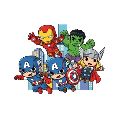 Design: A group of adorable, chibi-style Avengers (Iron Man, Captain America, Hulk, T...