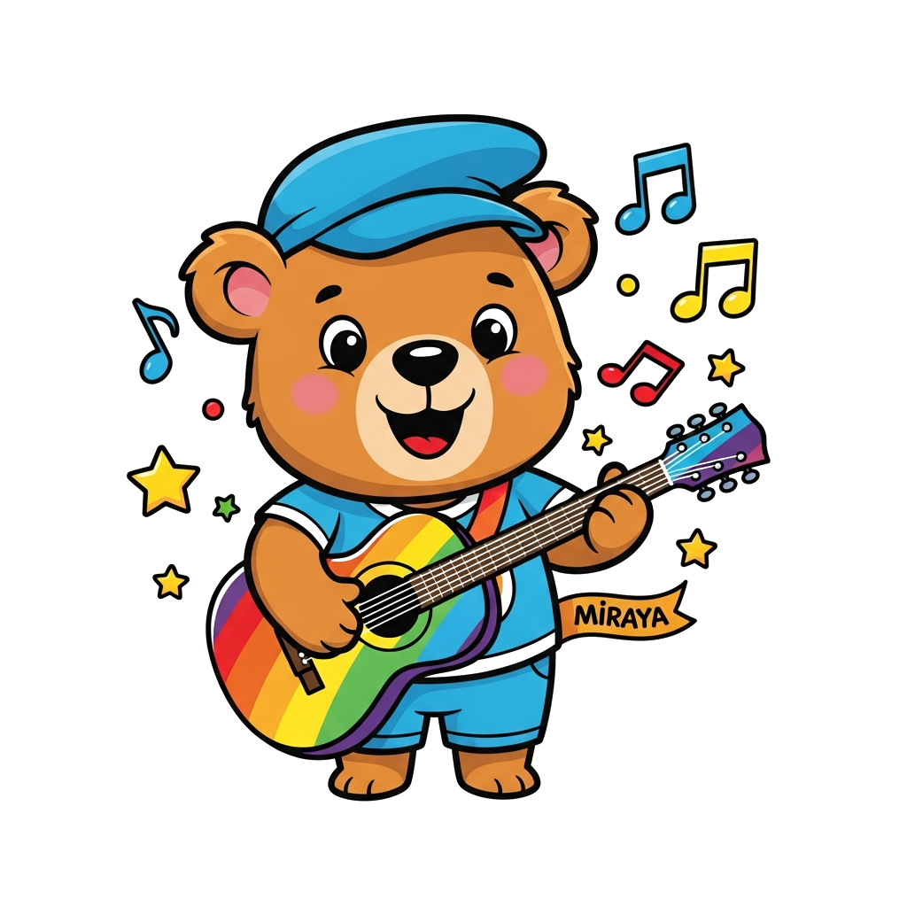 Custom design: A cheerful cartoon bear playing a vibrant rainbow-colored guitar, surrounded by floating musical notes and stars, in ...