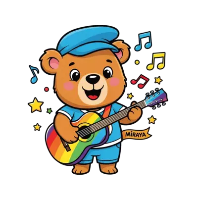 Design: A cheerful cartoon bear playing a vibrant rainbow-colored guitar, surrounded ...
