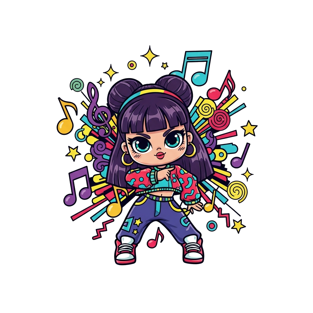 Custom design: A super cute and funky cartoon character named Mira, striking a cool K-pop dance pose, surrounded by vibrant musical ...