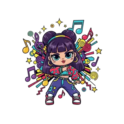 Design: A super cute and funky cartoon character named Mira, striking a cool K-pop da...