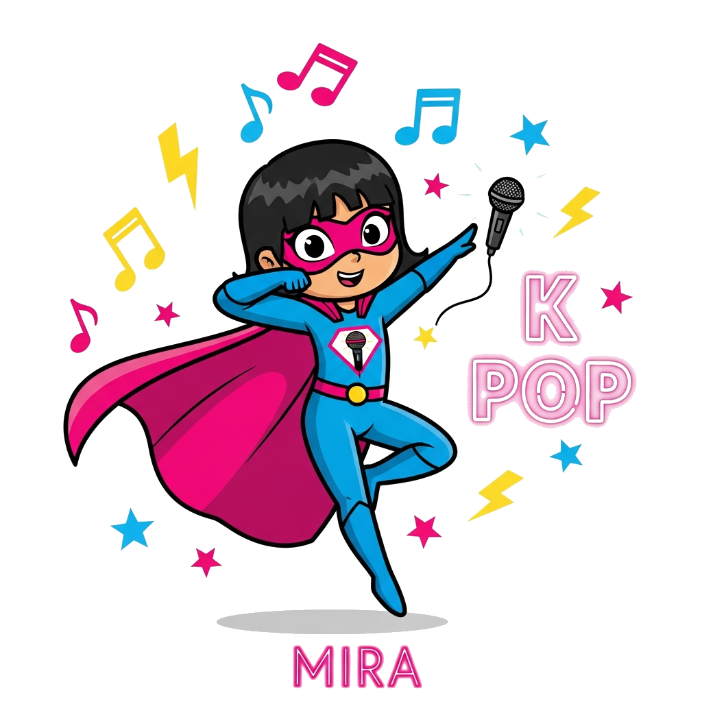 Custom design: A vibrant cartoon illustration of a superhero girl named Mira, striking a dynamic K-pop dance pose mid-air, with a fl...