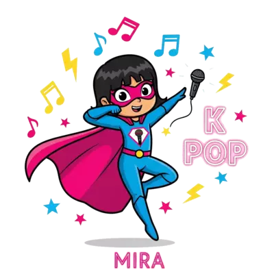 Design: A vibrant cartoon illustration of a superhero girl named Mira, striking a dyn...