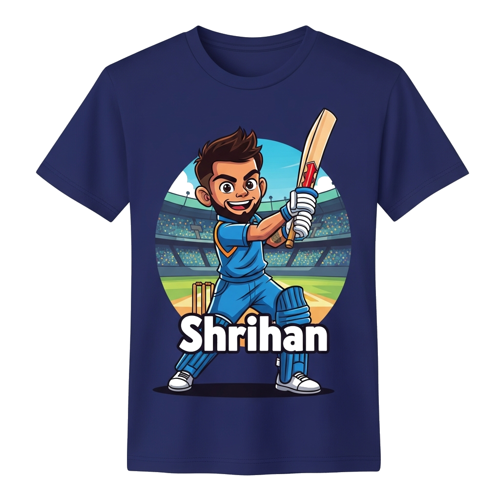 Custom design: A dynamic, realistic illustration of a young, smiling Virat Kohli in action, mid-swing with a cricket bat, set agains...