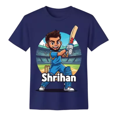 Design: A dynamic, realistic illustration of a young, smiling Virat Kohli in action, ...
