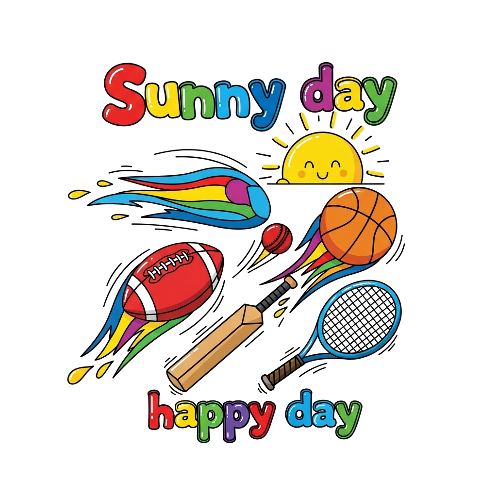 Custom design: A dynamic and colorful illustration featuring various sports equipment like a football, basketball, cricket bat, and ...