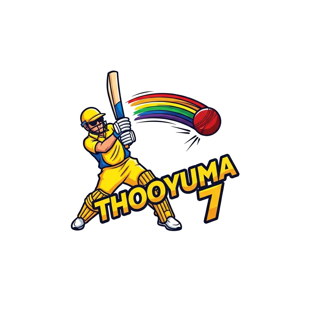 Custom design: A bold and cool cartoon illustration of a stylized cricket player, inspired by Dhoni's dynamic pose, hitting a powerf...