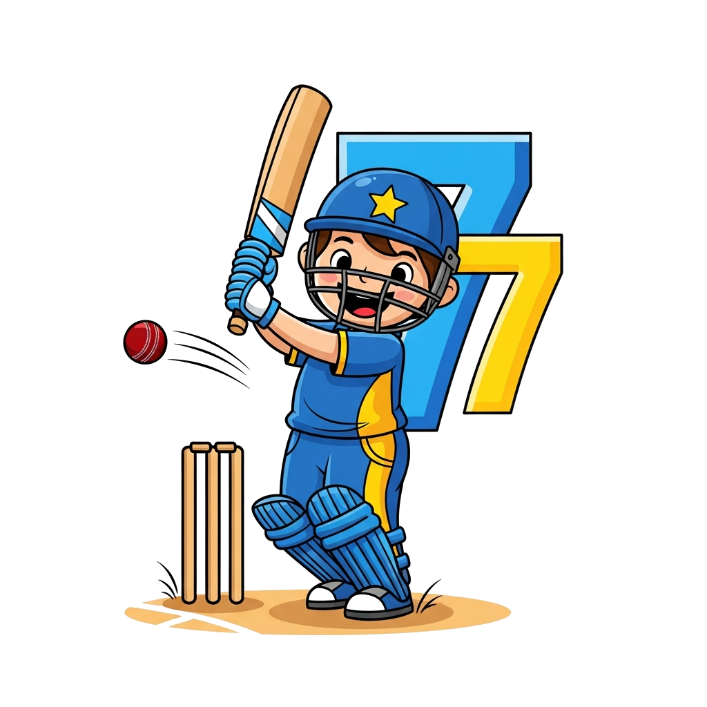 Custom design: A cheerful cartoon child in a vibrant blue and yellow cricket uniform, mid-swing with a bat, a cricket ball flying, a...