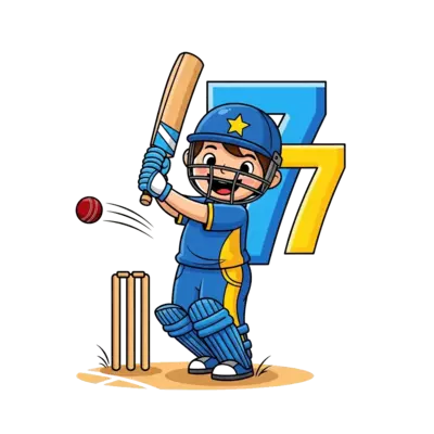 Design: A cheerful cartoon child in a vibrant blue and yellow cricket uniform, mid-sw...
