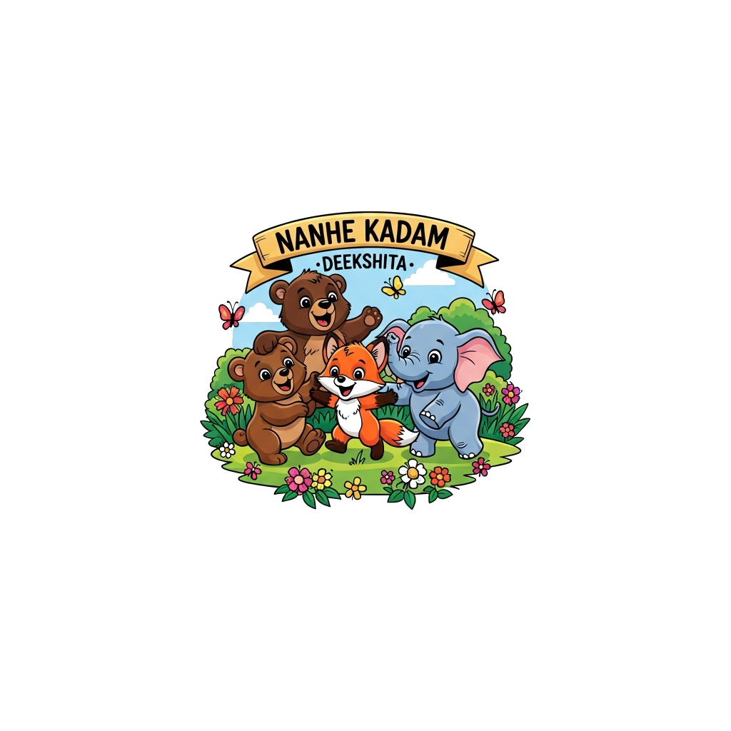 Custom design: A vibrant cartoon illustration of a happy group of diverse baby animals (like a bear cub, a fox kit, a little elephan...