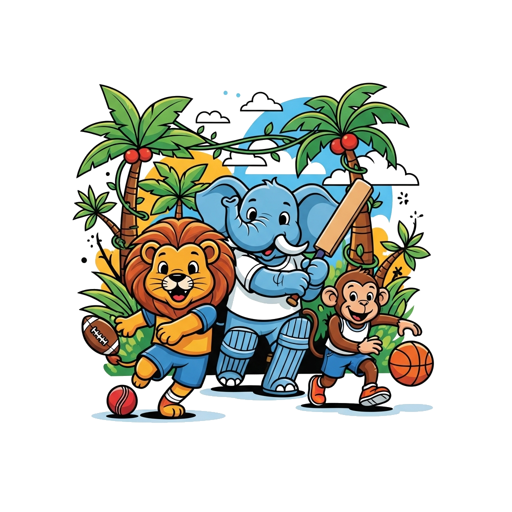 Custom design: A group of cheerful cartoon jungle animals (like a lion, elephant, and monkey) playing various sports such as footbal...