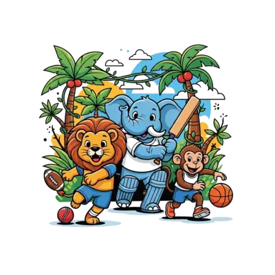 Design: A group of cheerful cartoon jungle animals (like a lion, elephant, and monkey...
