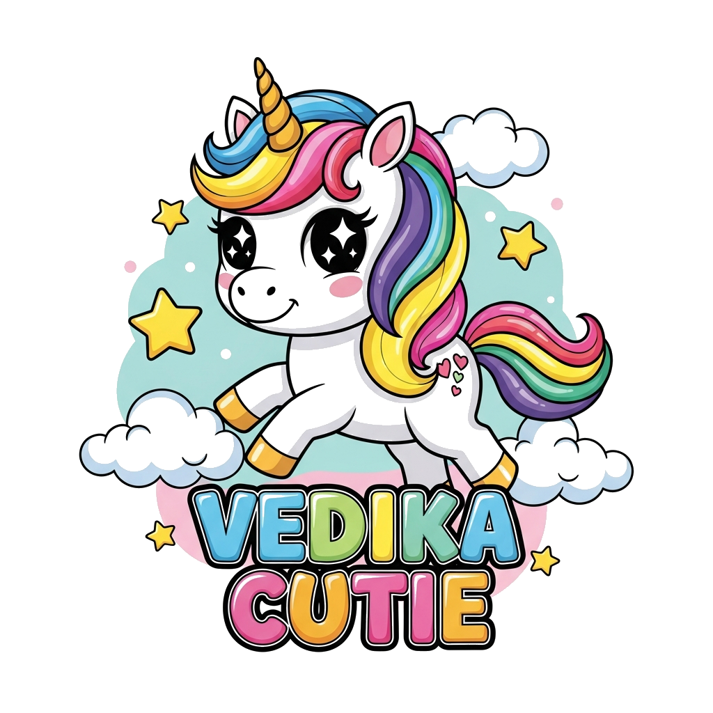 Custom design: A super cute, cartoony baby unicorn with big sparkling eyes, a rainbow mane and tail, prancing among fluffy clouds an...