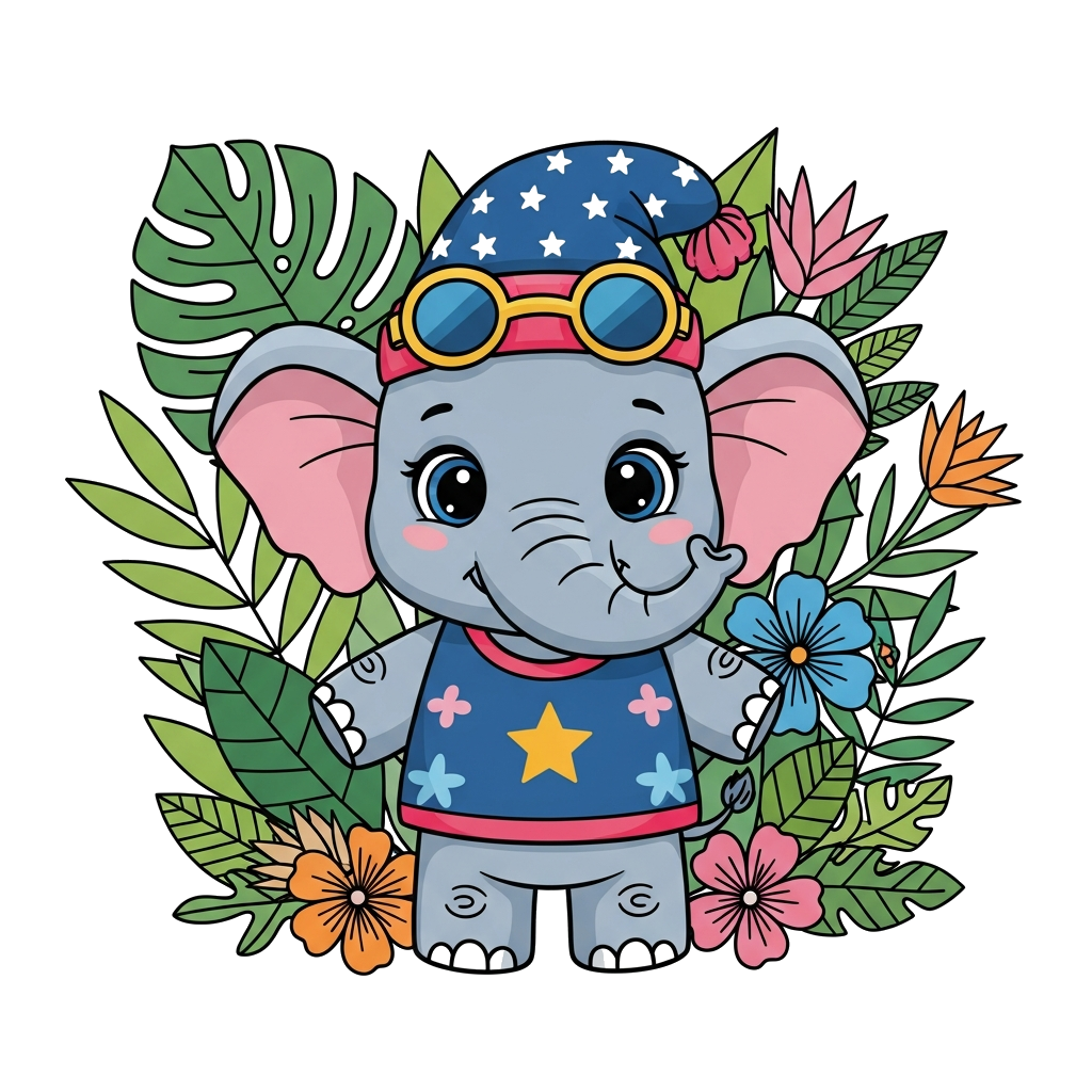Custom design: A super cute, happy baby elephant cartoon character, standing playfully with big eyes and a tiny trunk, surrounded by...