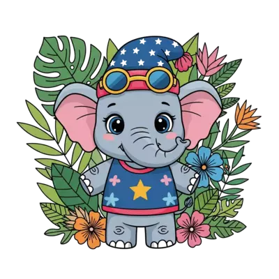 Design: A super cute, happy baby elephant cartoon character, standing playfully with ...