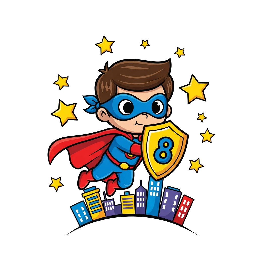 Custom design: A cute, chibi-style superhero character, resembling a young boy, flying with a cape and mask, with the number '8' inc...