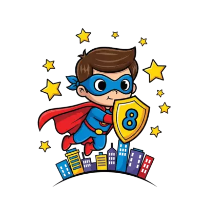 Design: A cute, chibi-style superhero character, resembling a young boy, flying with ...