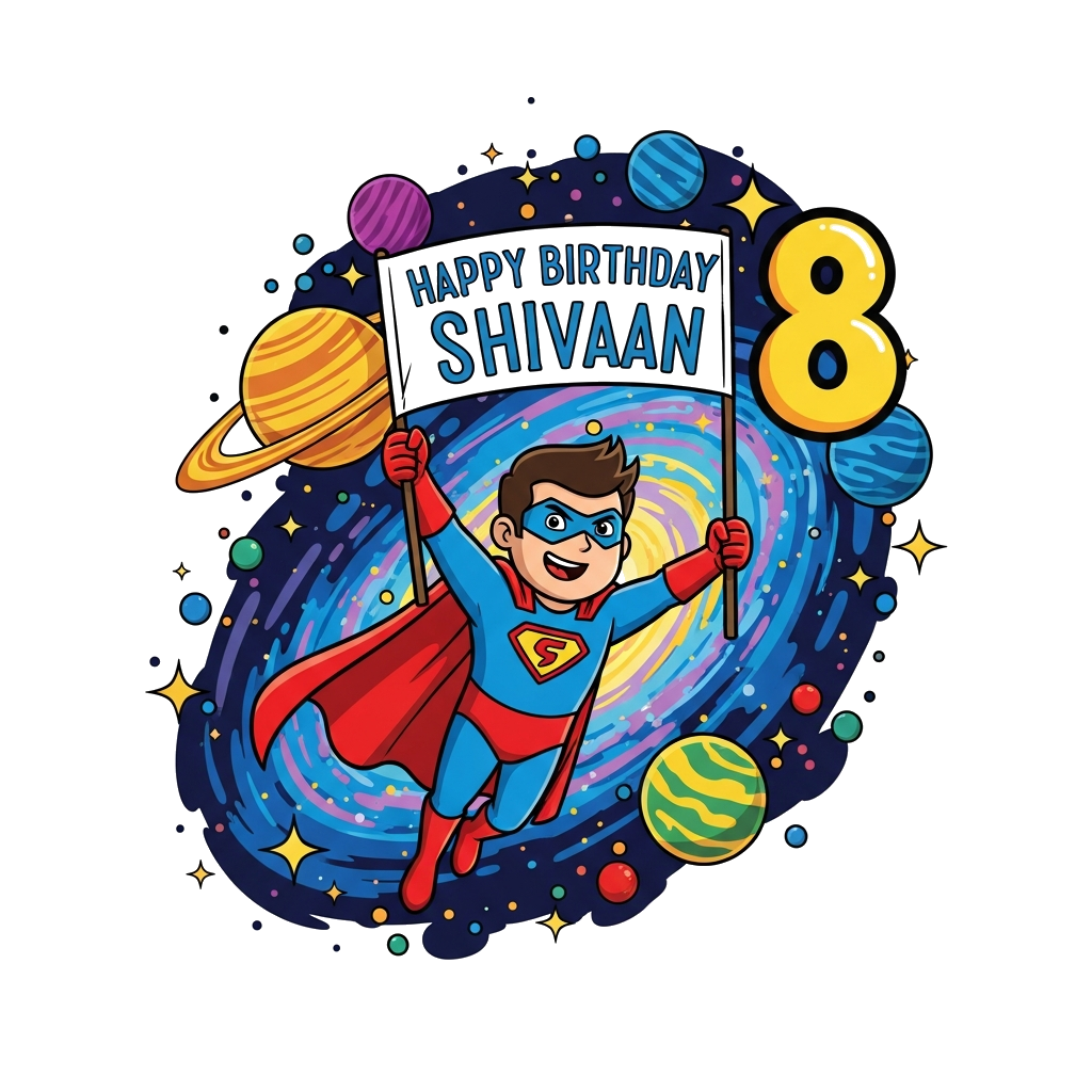 Custom design: A dynamic cartoon illustration of a friendly superhero flying through a vibrant galaxy, surrounded by colorful planet...