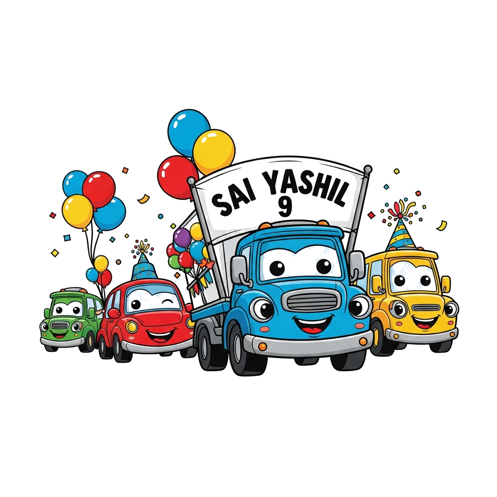 Custom design: A vibrant cartoon illustration of a joyful parade of anthropomorphic cars and trucks, each with a cute, happy face. T...