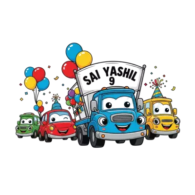 Design: A vibrant cartoon illustration of a joyful parade of anthropomorphic cars and...