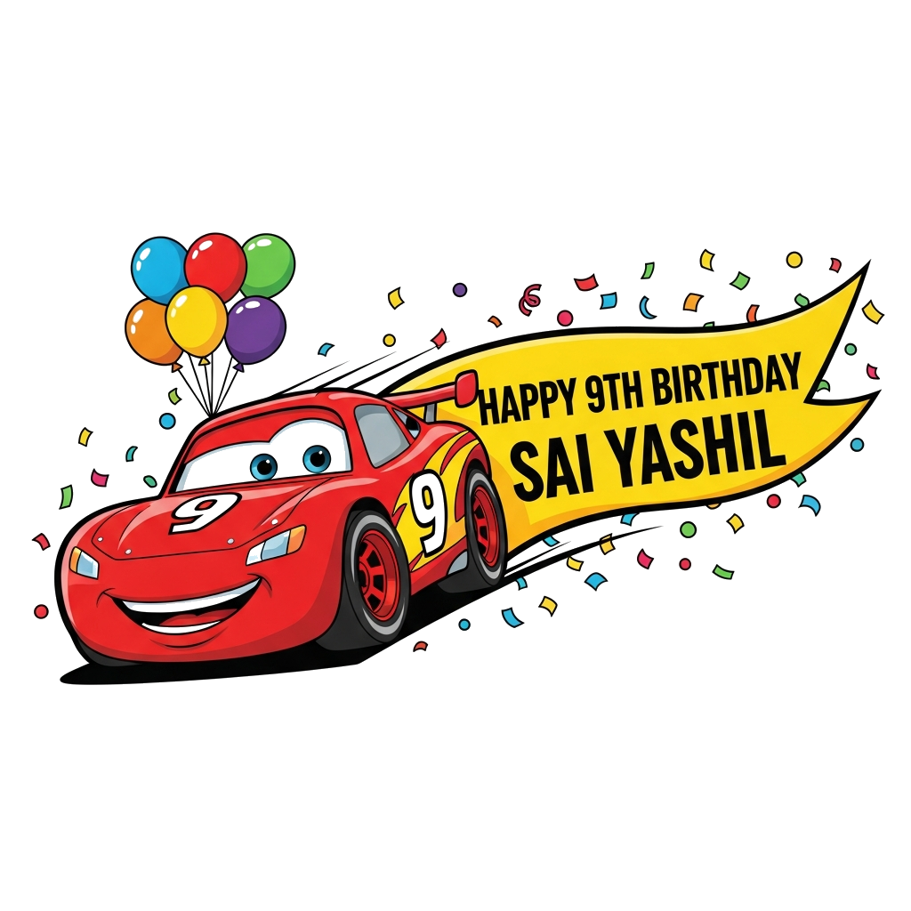 Custom design: A cheerful cartoon red race car with a big smile, speeding down a track, with a banner trailing behind it that says '...