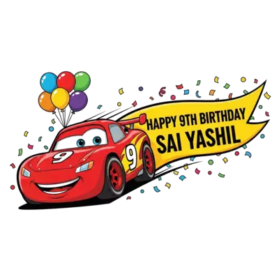Design: A cheerful cartoon red race car with a big smile, speeding down a track, with...
