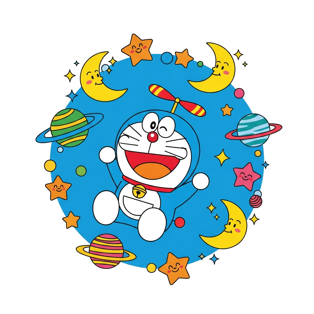 Custom design: A cute cartoon Doraemon character floating happily in space, surrounded by playful stars, crescent moons, and colorfu...