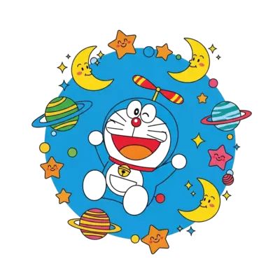 Design: A cute cartoon Doraemon character floating happily in space, surrounded by pl...