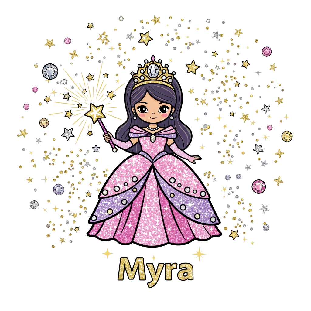 Custom design: A glamorous cartoon princess illustration, featuring a shimmering gown, a sparkling tiara, and a magical wand, surrou...