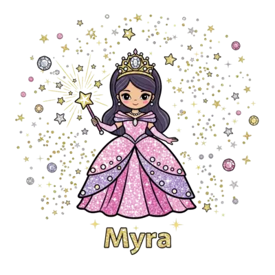 Design: A glamorous cartoon princess illustration, featuring a shimmering gown, a spa...