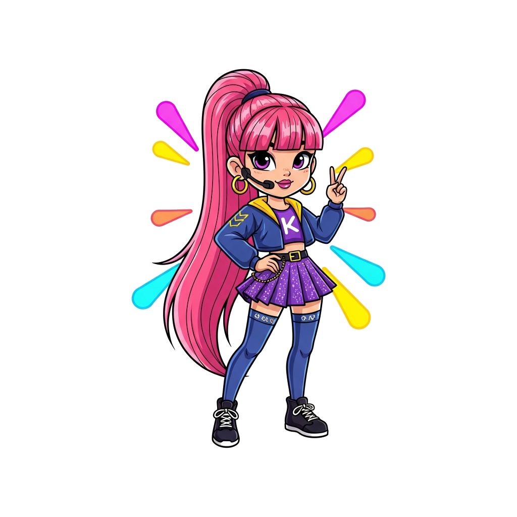 Custom design: “K-pop inspired animated girl with long pink ponytail, stylish stage outfit, confident pose, colorful neon lights, cu...