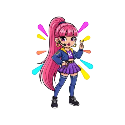 Design: “K-pop inspired animated girl with long pink ponytail, stylish stage outfit, ...